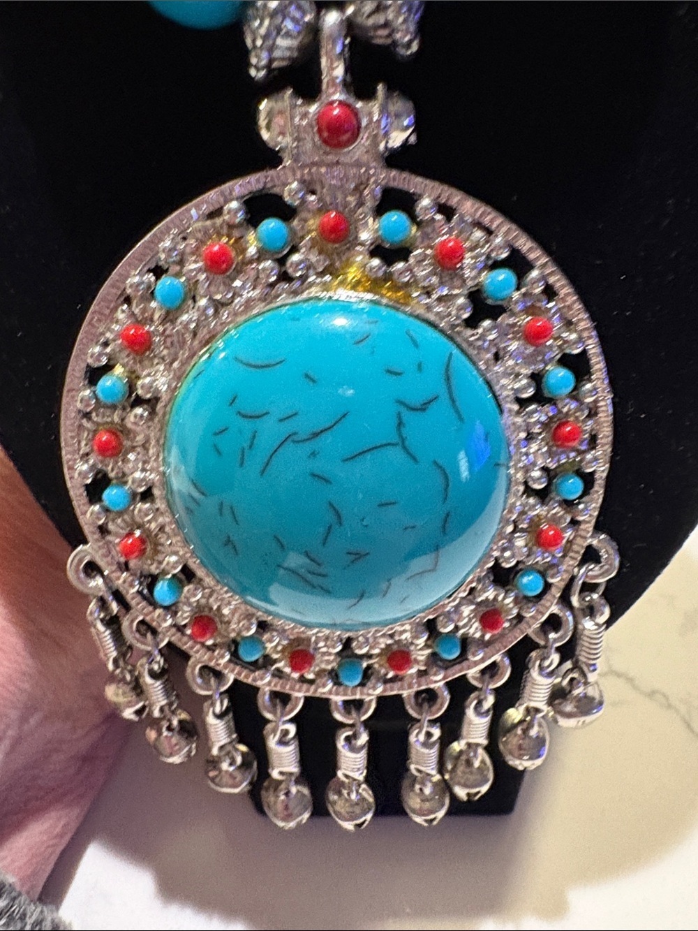 Turquoise & Red Beaded Statement Pendant Necklace - Picture 2 of 5
